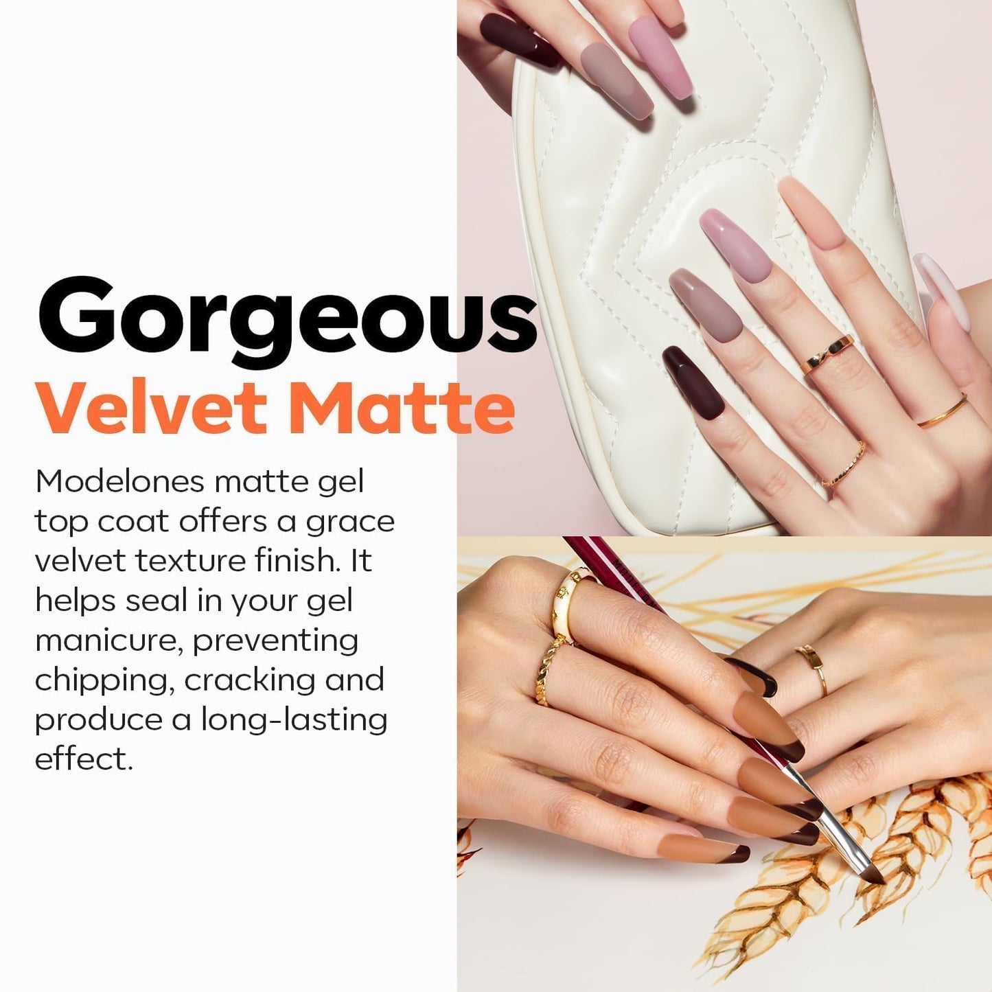 modelones Hema-Free Gel Top and Base Coat Set, 3 Pcs Clear Glossy Velvet Matte Base Top Coat No Wipe Matte Top Coat for Summer nail Polish Soak Off Nail Lamp Nail Art Home Salon Manicure