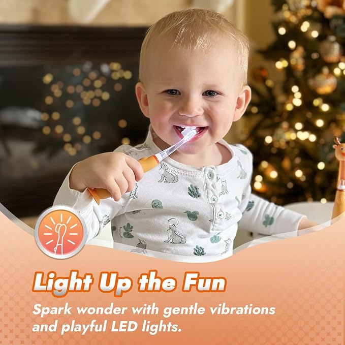 Papablic Toddler Sonic Electric Toothbrush for Ages 1-3 Years, Baby Electric Toothbrush with Cute Reindeer Cover and Smart LED Timer, 2 Brush Heads (Ruby)