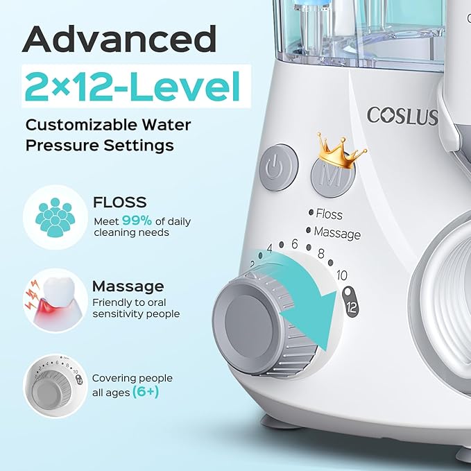 COSLUS E2 Advanced Water Flosser for Teeth: 2 Modes & 12 Pressure Settings Electric Dental Pick for Orthodontic, Braces, Sensitive Gums - Home Use, 5 Jet Tips for Multiple Users, Family, White