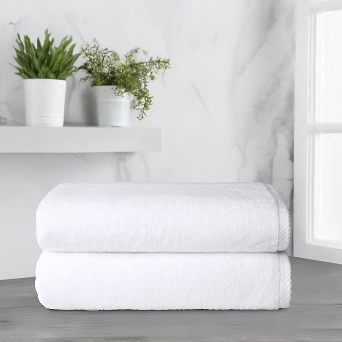 Amazon Basics 2-Piece Quick-Dry Oversize Bath Towel, 100% Cotton, 54" x 30", White