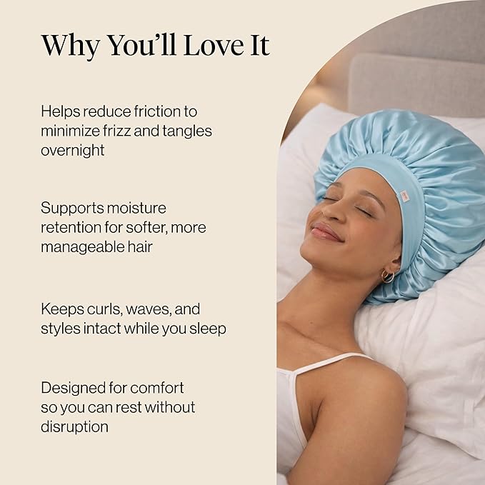 Kitsch XL Satin Bonnet for Sleeping - Softer Than Silk Bonnet For Sleeping Women - Secure Fit, Adjustable, Night Cap For Curly & Textured Hair - Prevents Breakage, Tangles & Thinning - Haze Blue