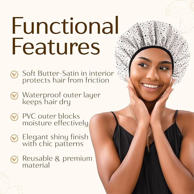 Yanibest Shower Cap for Women - Hair Satin Bonnet Shower Cap Waterproof Large Double Layer Reusable with Soft Elastic Band for Braids Long Hair