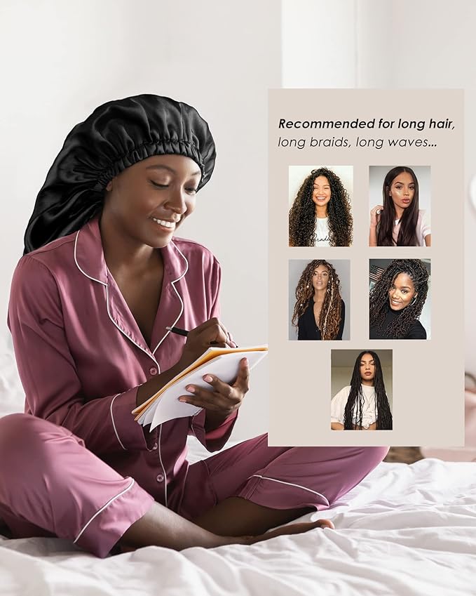 YANIBEST Satin Sleep Bonnet for Natural Hair - Extra Double Layer Long Adjustable Silk Hair Bonnet for Braids, Locs, Curls - Women’s Night Hair Protection Cap