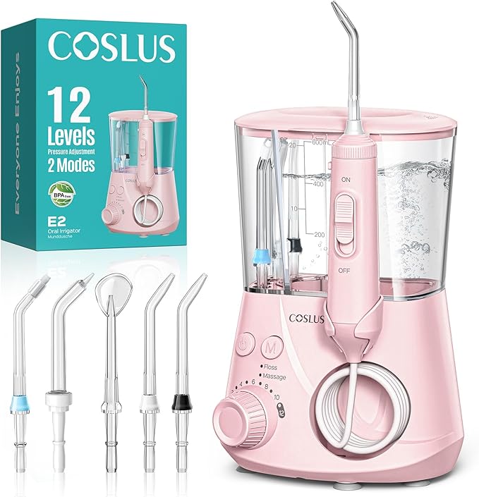 COSLUS E2 Advanced Water Flosser for Teeth: 2 Modes & 12 Pressure Settings Electric Dental Pick for Orthodontic, Braces, Sensitive Gums - Home Use, 5 Jet Tips for Multiple Users, Family,Pink