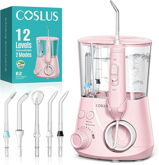 COSLUS E2 Advanced Water Flosser for Teeth: 2 Modes & 12 Pressure Settings Electric Dental Pick for Orthodontic, Braces, Sensitive Gums - Home Use, 5 Jet Tips for Multiple Users, Family,Pink