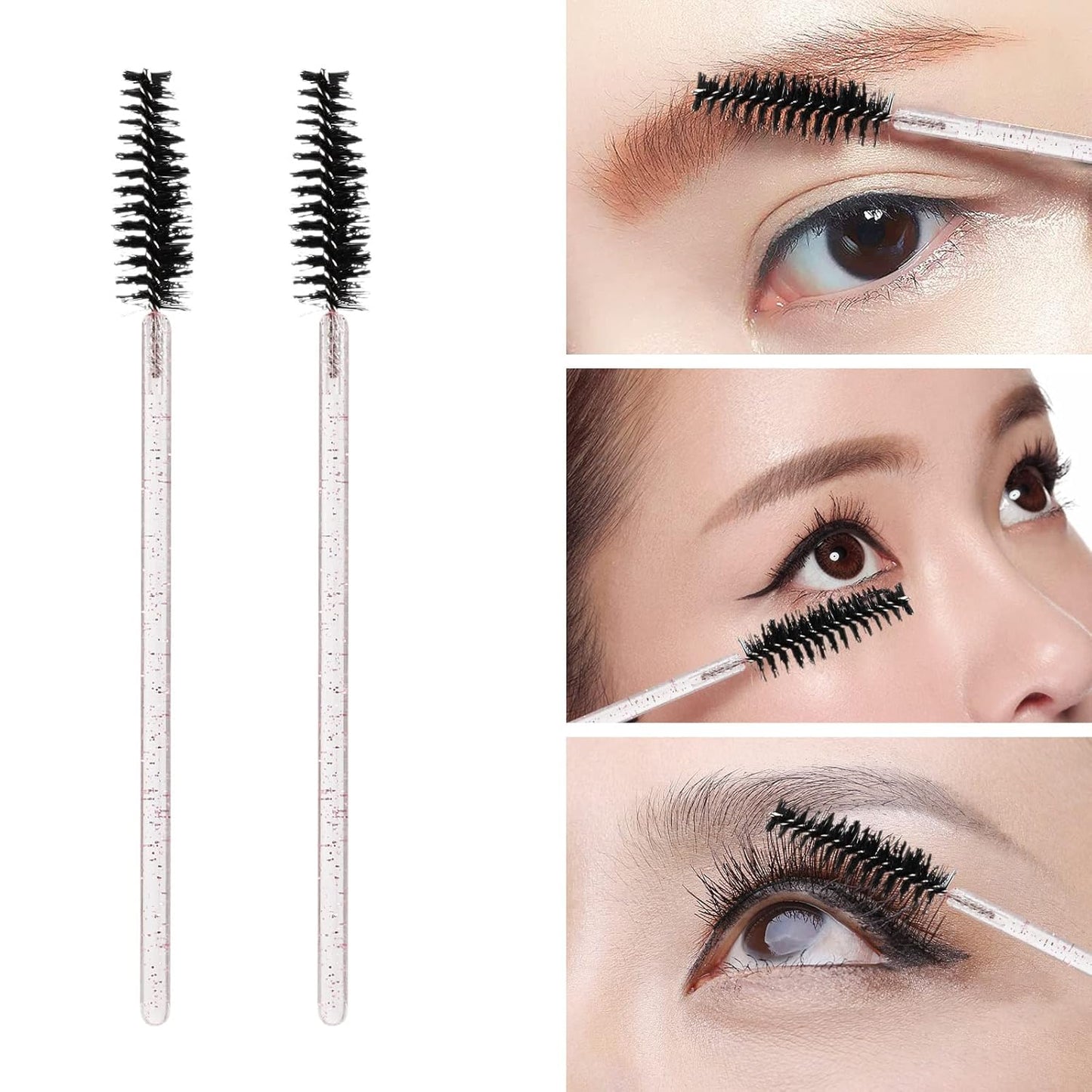 100 Pcs Disposable Mascara Wands, Crystal Eyebrow Spoolies Brush for Eyelash Extensions, Lash Brushes with Container (Black, Pink)