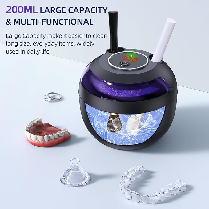 Dental Ultrasonic Retainer Cleaner Machine, 45kHz Ultrasonic Denture Cleaner with 200ML Capacity & 4 Modes for Dental Cleaning Pod, Aligners, Mouthguards, Retainers, Jewelry