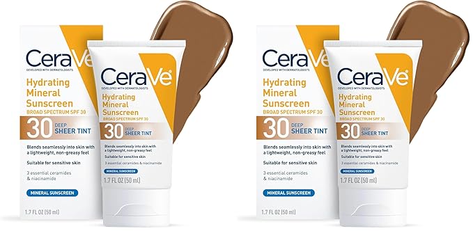 CeraVe Hydrating Mineral Sunscreen SPF 30 with Sheer Tint,Tinted Mineral Sunscreen with Zinc Oxide & Titanium Dioxide,Blends Seamlessly For Healthy Glow,Deep,1.7 Oz,(Pack of 2)