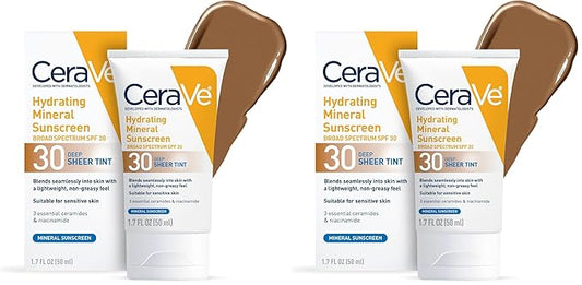 CeraVe Hydrating Mineral Sunscreen SPF 30 with Sheer Tint,Tinted Mineral Sunscreen with Zinc Oxide & Titanium Dioxide,Blends Seamlessly For Healthy Glow,Deep,1.7 Oz,(Pack of 2)