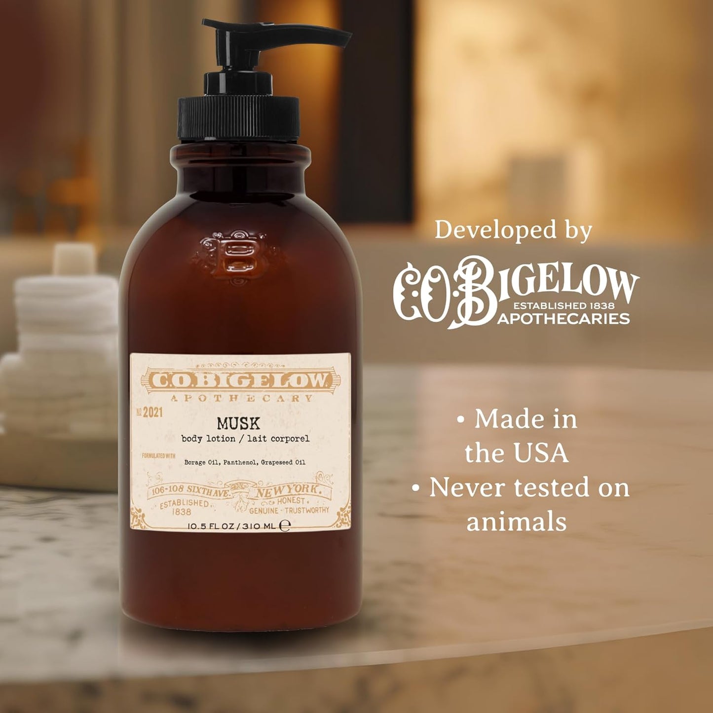 C.O. Bigelow Musk Body Lotion, Iconic Collection Moisturizing Body Lotion with Shea Butter, Borage Oil & Grapeseed Oil, 10.5 Fl Oz