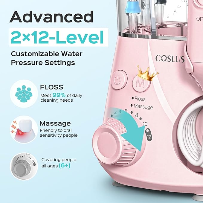 COSLUS E2 Advanced Water Flosser for Teeth: 2 Modes & 12 Pressure Settings Electric Dental Pick for Orthodontic, Braces, Sensitive Gums - Home Use, 5 Jet Tips for Multiple Users, Family,Pink