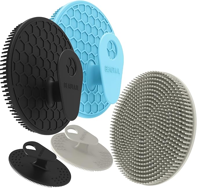 Silicone Body and Face Scrubber Set 5 Pack, BEAUTAIL Shower Bath Scrubber, Gentle Exfoliating Brush for Women Men Sensitive Skin, More Hygienic Than Traditional Loofah, Long Lasting, Black+Blue+Gray