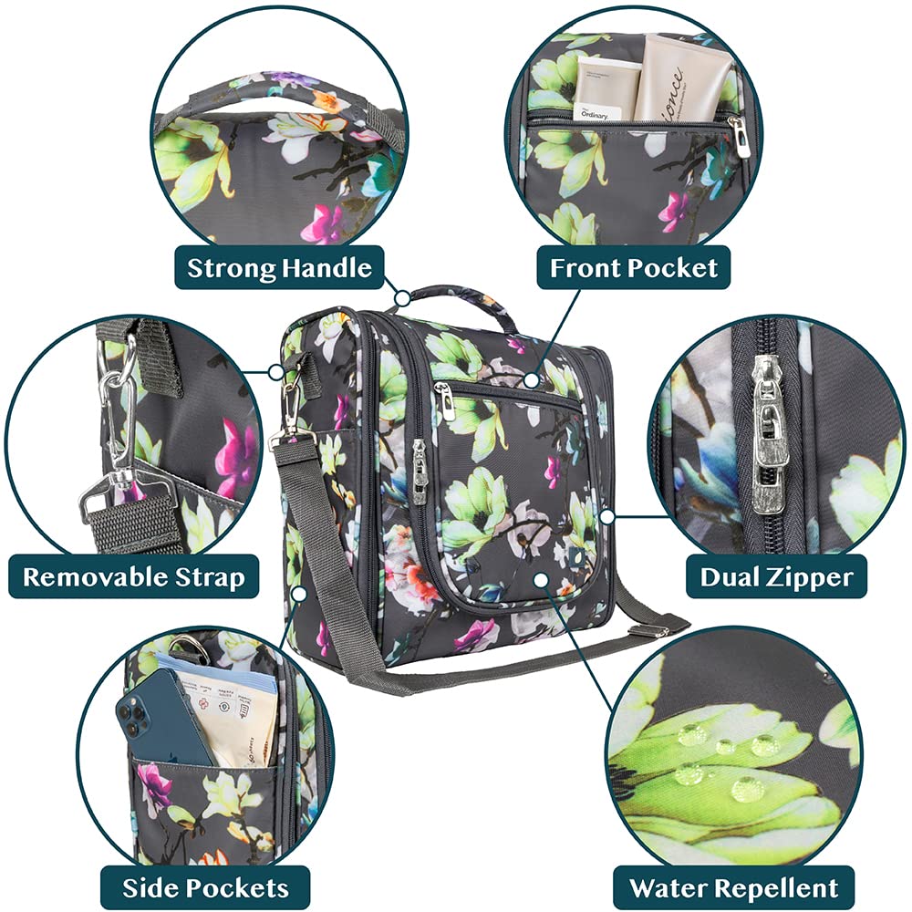 PAVILIA Extra Large Toiletry Bag Travel Bag for Women Men, Hanging Cosmetic Organizer, Water Resistant Makeup Bag for Accessories Toiletries, Travel Essentials Kit (Floral Grey)