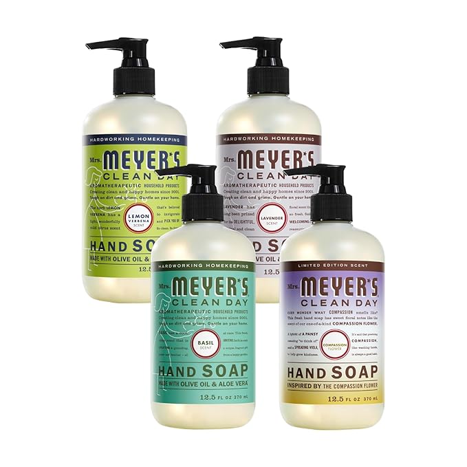 Mrs. MEYER'S Clean Day Liquid Hand Soap 4 Pack Variety, Lemon Verbena, Lavender, Basil, Compassion Flower, 12.5 OZ Each, 1 CT