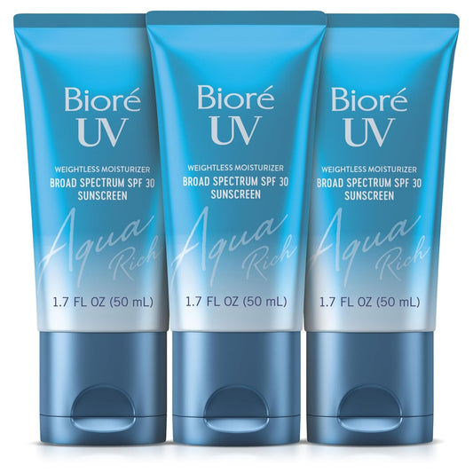Biore UV Aqua Rich SPF 30 Daily Moisturizer Sunscreen for Face, For Sensitive Skin, Oil Free, Hyaluronic Acid, Vegan, Oxybenzone & Octinoxate Free, Dermatologist Tested, 1.7 Oz, 3pk