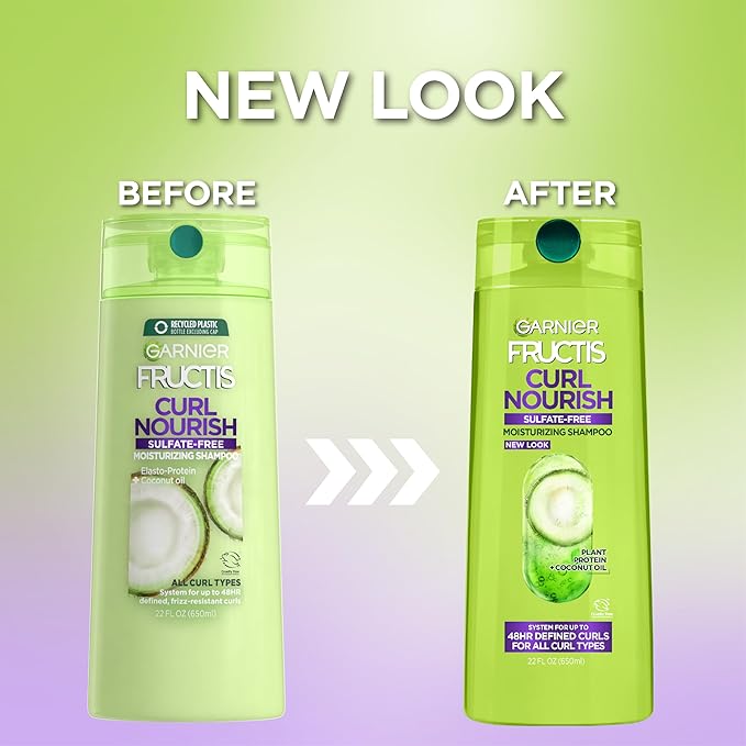 Garnier Fructis Curl Nourish Shampoo, Curly Hair Shampoo with Coconut Oil and Plant Protein, Up to 48HR Defined Curls for all Curl Types, 22 Fl Oz (Packaging May Vary)