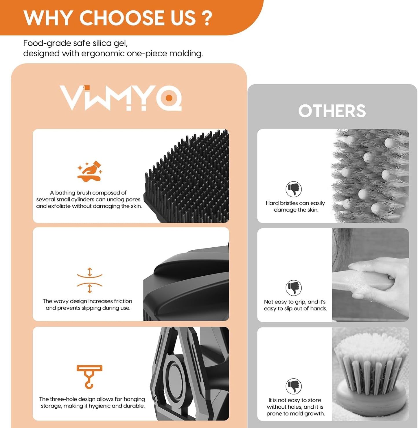 Soft Silicone Body Scrubber Brush, Non-Slip Handheld Cleansing Brush, Rich Foam, Deep Exfoliation, Brightening Skin, Comfortable Massage, for All Skin Types, Men and Women (Black)
