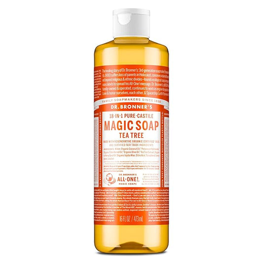 Dr. Bronner's - Pure-Castile Liquid Soap (Tea Tree, 16 ounce) - Made with Organic Oils, 18-in-1 Uses: Acne-Prone Skin, Dandruff, Laundry, Pets and Dishes, Concentrated, Vegan, Non-GMO