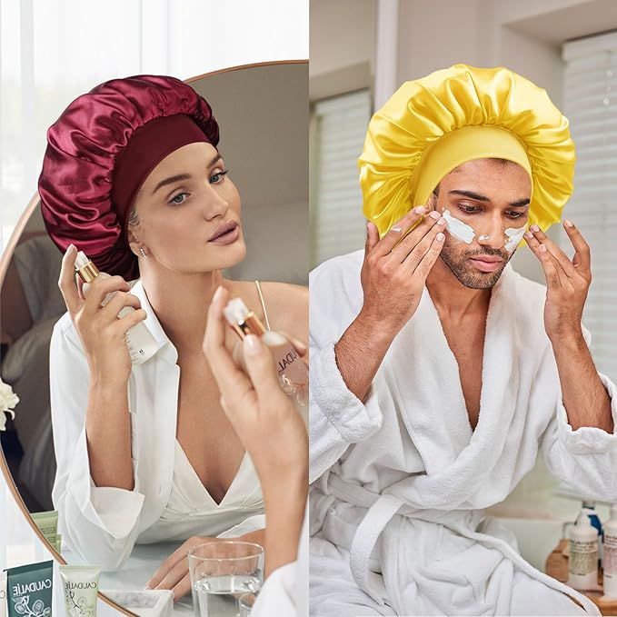 Satin Silk Bonnet for Sleeping, Double Layer Silk Sleep Cap for Men & Women, Soft Satin Lined Bonnet for Curly Hair
