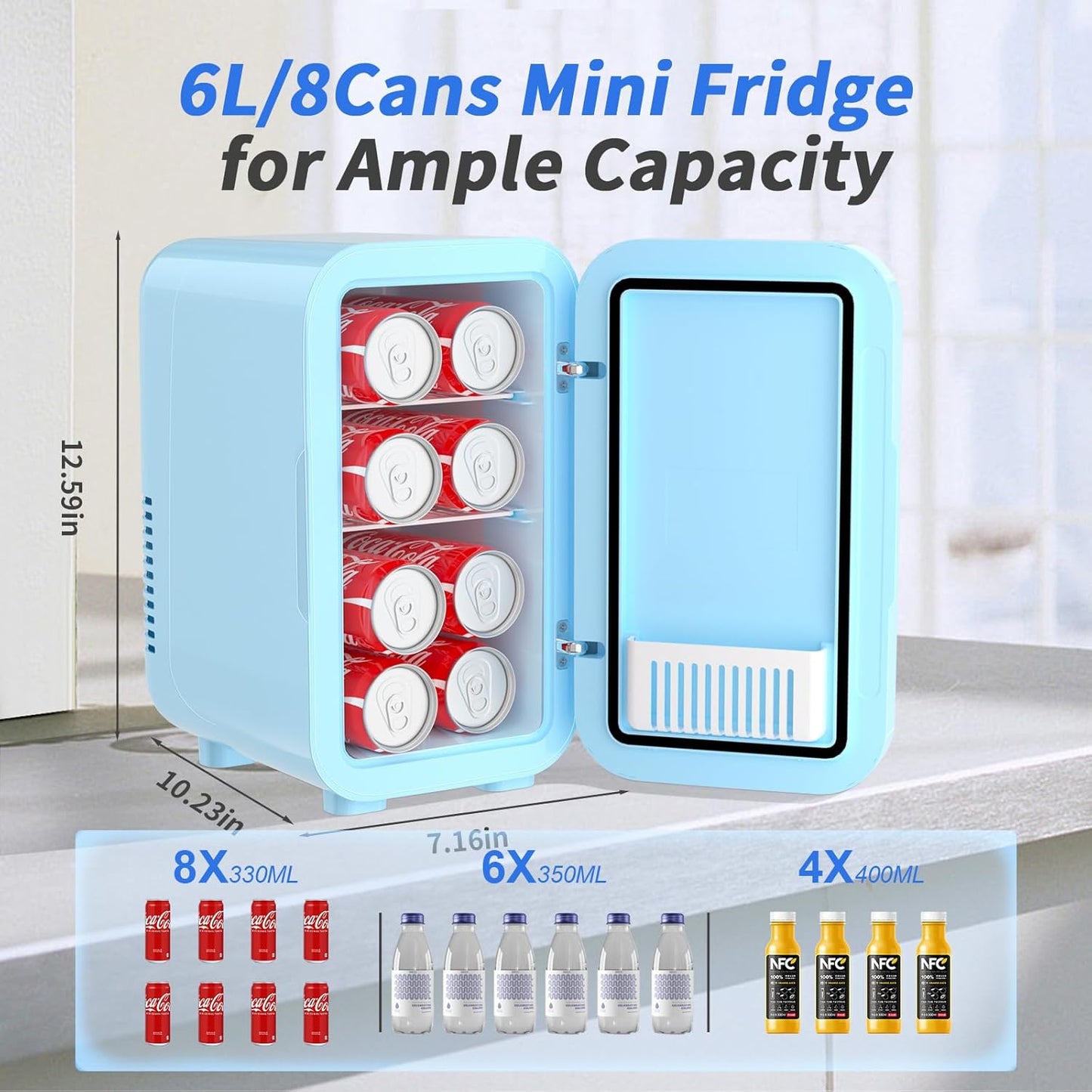YASHE Mini Fridge, 6 Liter/8 Can 110V AC/DC Portable Thermoelectric Cooler Refrigerators for Bedroom, Skincare, Beverage, Office, Dorm Room and Car, Blue