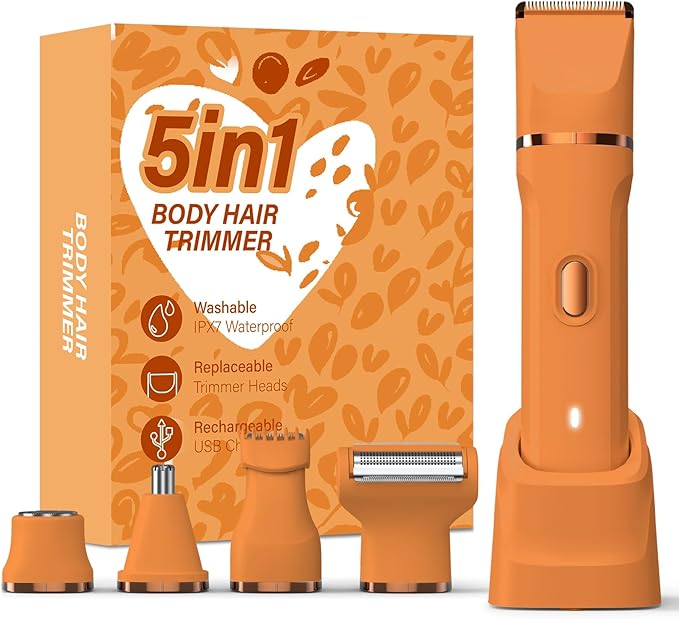 5-in-1 Bikini Trimmer for Women, IPX7 Waterproof Electric Razors Shaver, Cordless Body Hair Trimmer, Facial & Pubic Hair Removal, Ceramic Blade (Pure Orange)
