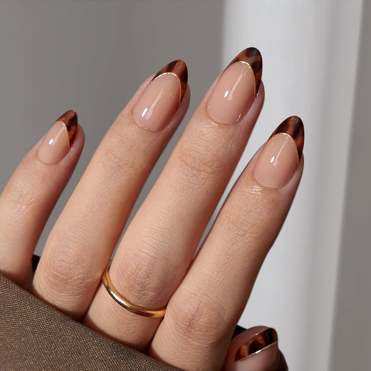 BTArtbox Press On Nails Short Almond - Winter French Tip Press On Nails, Soft Gel Fake Nails Brown, Reusable Glue On Nails with Nail Glue in 16 Sizes, Tortoise Shell
