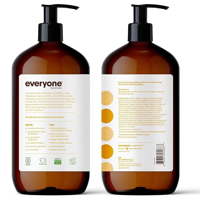 Everyone 2-in-1 Lotion for Hands/Body, 32 ounce (Pack of 1) Coconut and Lemon made with Essential Oils for Men and Women