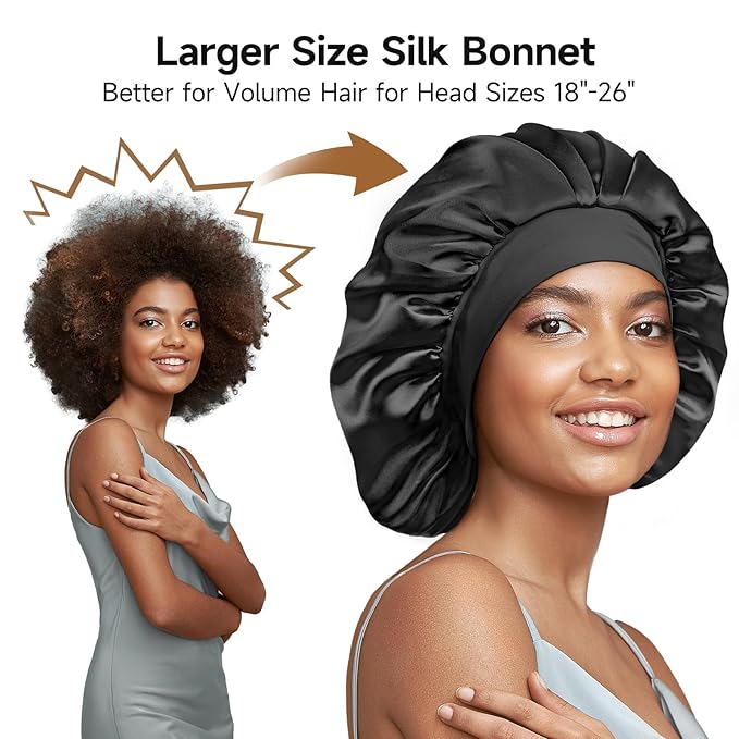 22 Momme 100% Real Mulberry Silk Bonnet for Sleeping Women, Large Hair Care Bonnet for Long Curly Hair, Double Layer Silk Wrap with Soft Elastic Band, Non-Slip Sleep Cap, Black+Purple
