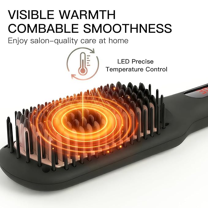 MEGAWISE Pro Ceramic Ionic Hair Straightener Brush for Home Salon, Straightening Hair Brush with 20s Heating Tech, Auto-Off, Anti-Scald with Universal Dual Voltage,Rotatable Power Cord, Black