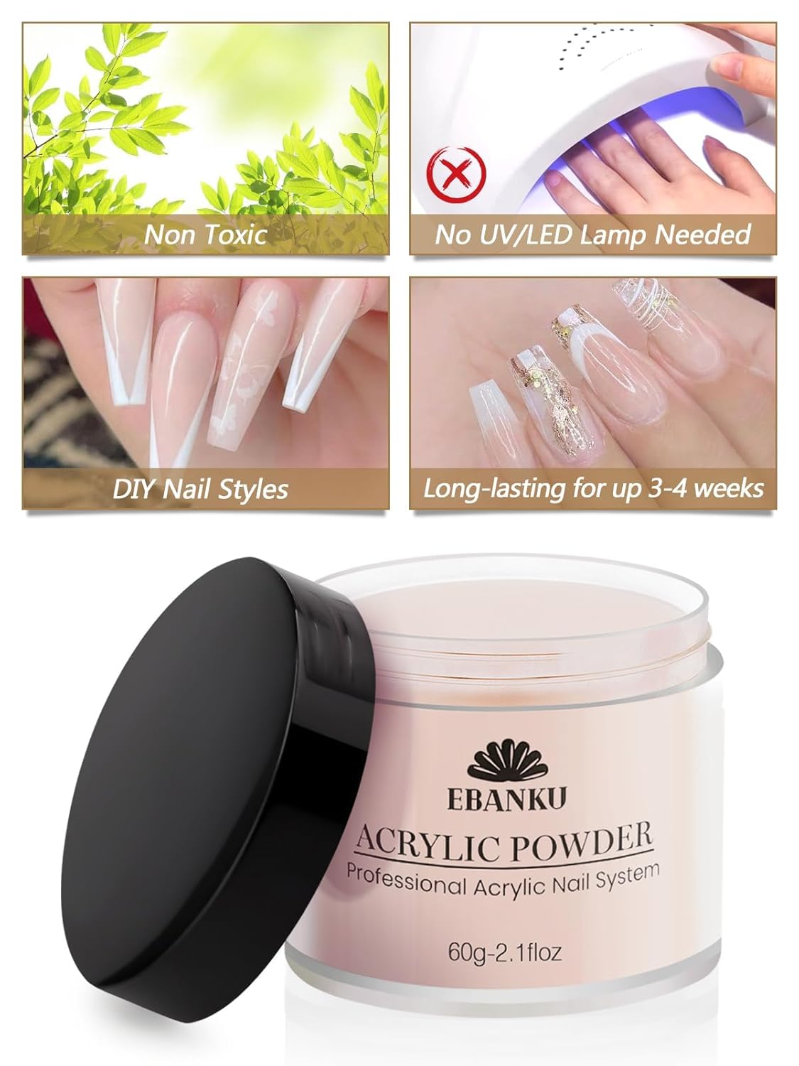 EBANKU Acrylic Nail Powder Set, Nude Pink Acrylic Powder for Nail Extension, Carving | Colored Acrylic Nail Powders for French Nail Extension, Gifts for Women (2 * 60G)