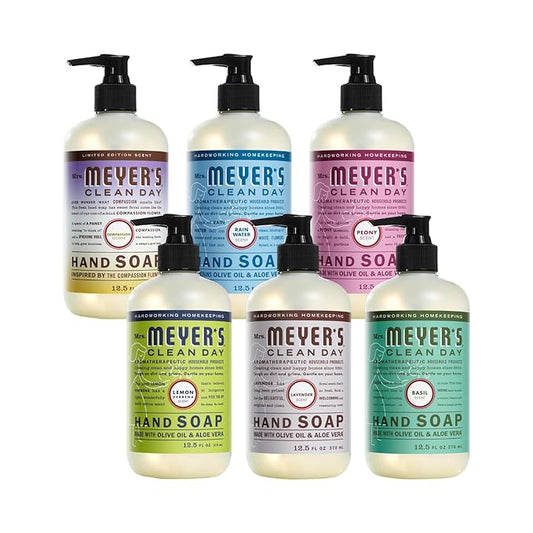 Mrs. MEYER'S CLEAN DAY Liquid Hand Soap 6 Pack Bundle, includes 1 Compassion Flower, 1 Rain Water, 1 Peony, 1 Lemon Verbena, 1 Lavender and 1 Basil Hand Soap, 12.5 OZ Each (Variety Pack)