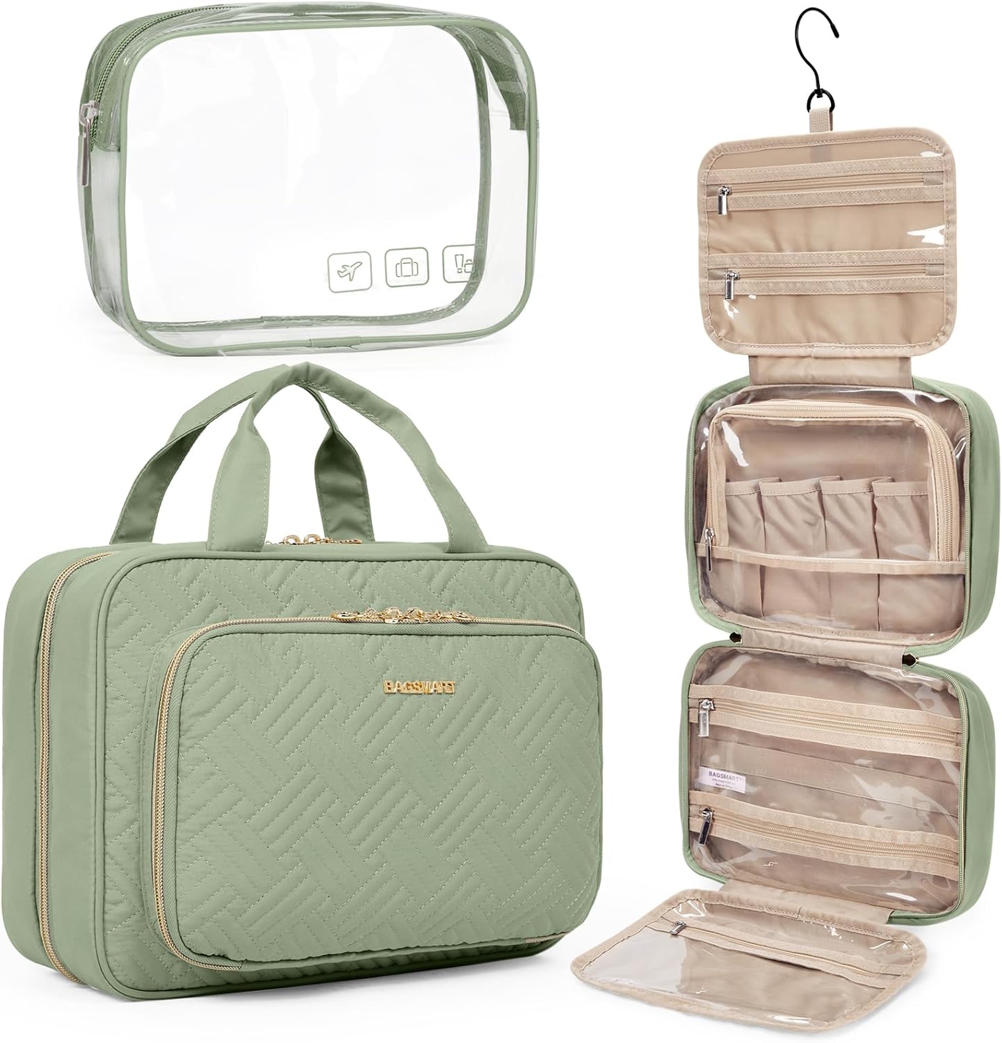 BAGSMART Toiletry Bag Hanging Travel Makeup Organizer with TSA Approved Transparent Cosmetic Bag Makeup Bag for Full Sized Toiletries, Large-Green