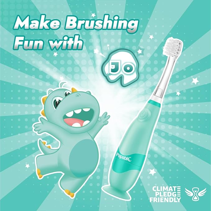 Papablic Toddler Sonic Electric Toothbrush Kids for Ages 1-3 Years, Baby Electric Toothbrush with Cute Dino Cover and Smart LED Timer, 4 Brush Heads (Jo)