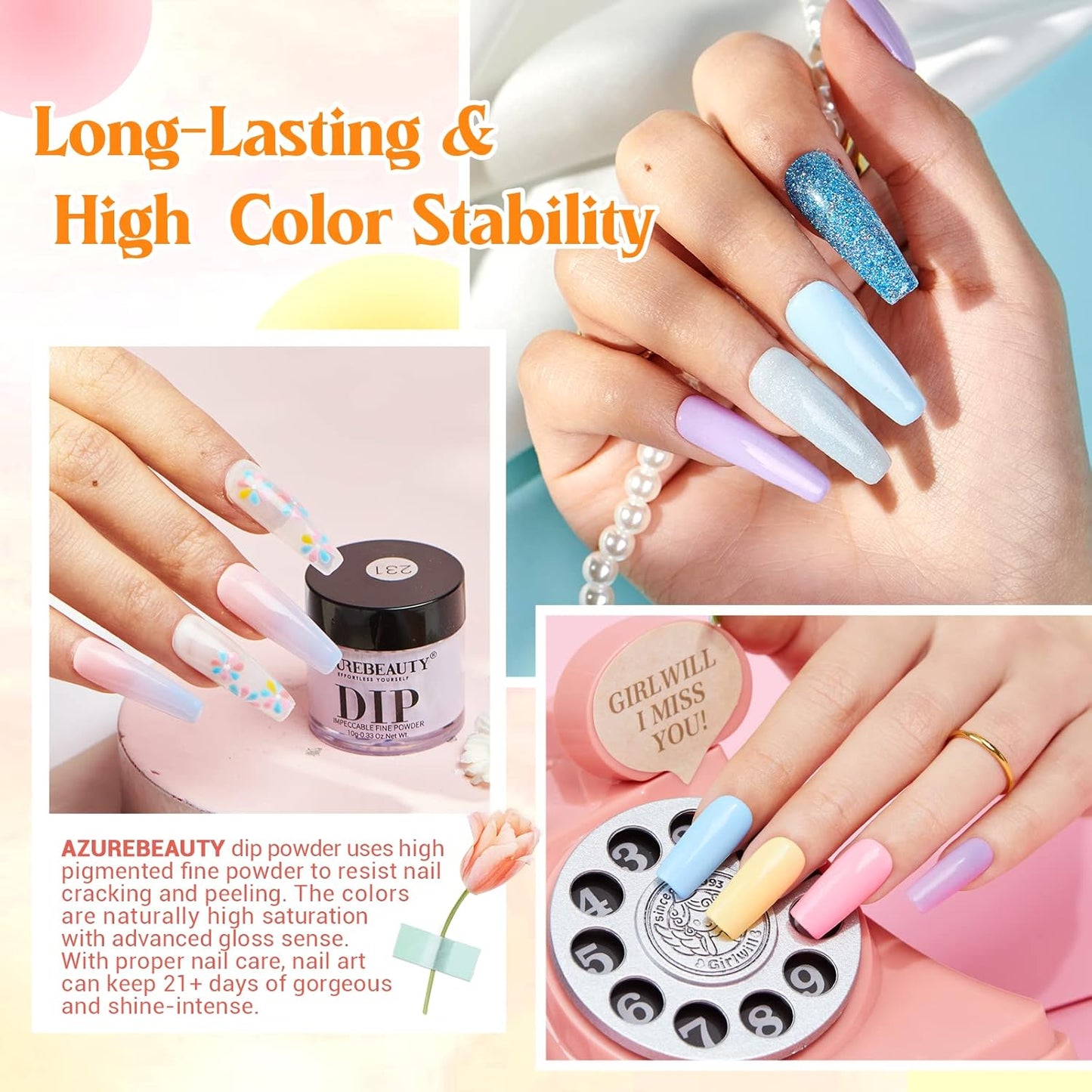 AZUREBEAUTY 31Pcs Dip Powder Nail Kit Starter 20 Colors Pastel Spring Summer Pink Acrylic Dipping Powder Set with Top/Base Coat Activator & Recycling Tray for Macaron French Manicure Salon