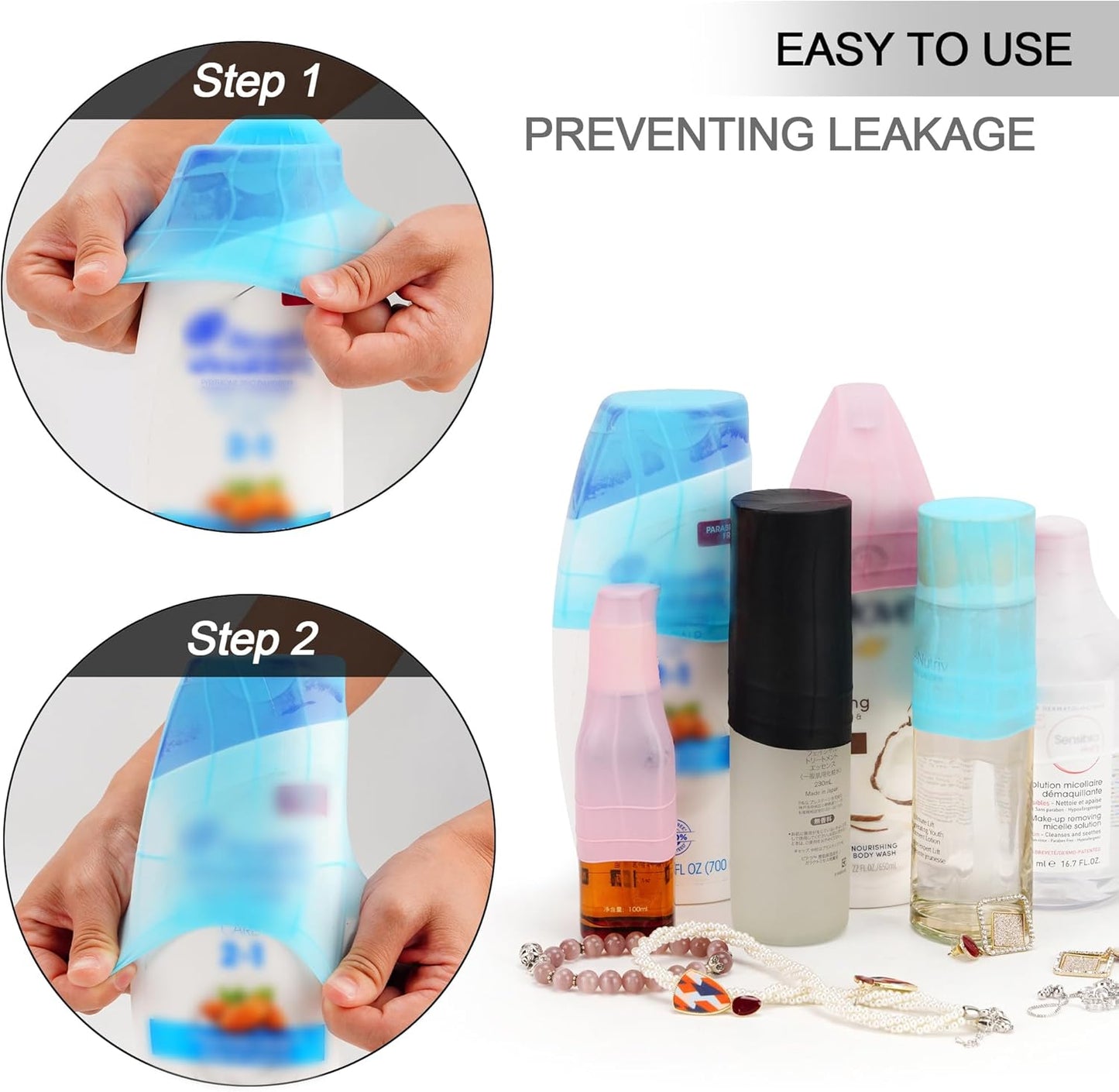 Travel Hanging Toiletry Bag for Women and Men, with 8 Leak Proofing Silicone Bottle Covers, Waterproof Makeup Accessories, Cosmetic Essentials, Toiletries Dopp Kit Set with Jewelry Organizer, Grey