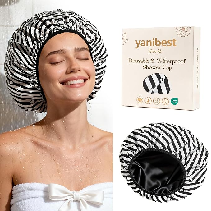 Yanibest Shower Cap for Women - Hair Satin Bonnet Shower Cap Waterproof Large Double Layer Reusable with Soft Elastic Band for Braids Long Hair