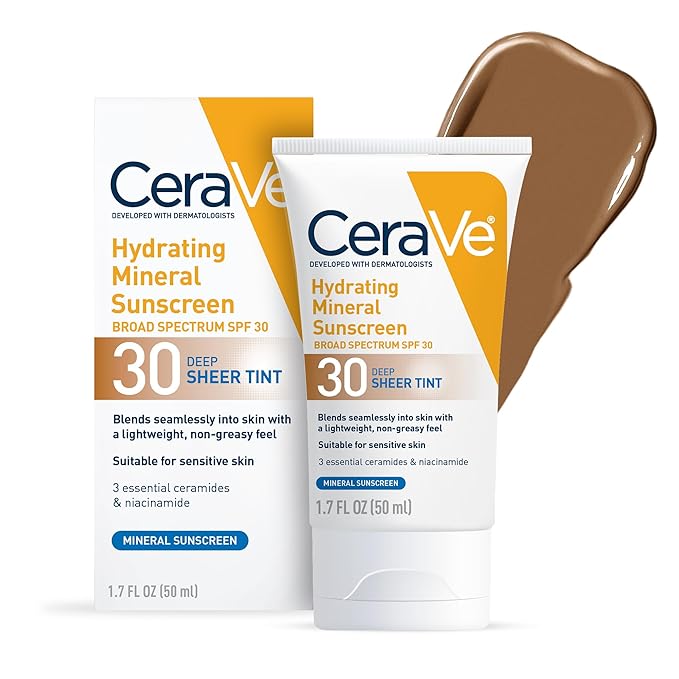 CeraVe Hydrating Mineral Sunscreen SPF 30 with Sheer Tint, Tinted Mineral Sunscreen with Zinc Oxide & Titanium Dioxide, Blends Seamlessly For Healthy Glow, Deep, 1.7 Oz