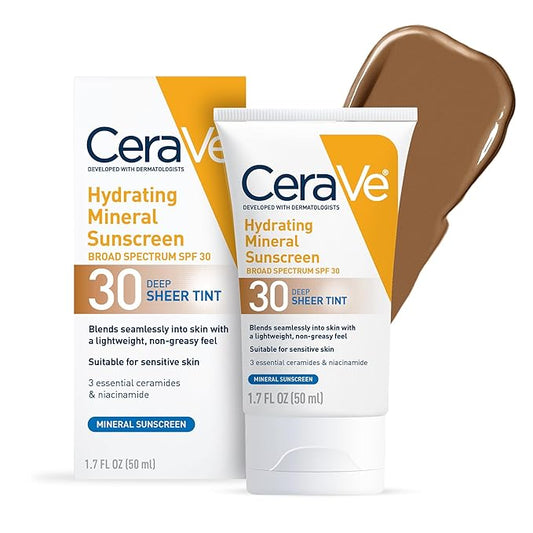CeraVe Hydrating Mineral Sunscreen SPF 30 with Sheer Tint, Tinted Mineral Sunscreen with Zinc Oxide & Titanium Dioxide, Blends Seamlessly For Healthy Glow, Deep, 1.7 Oz