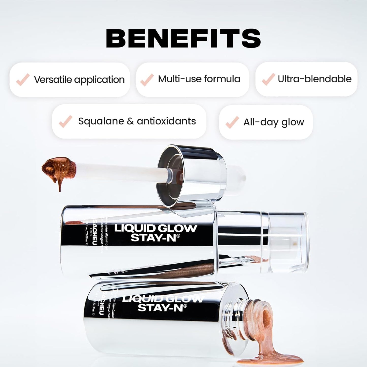 Sacheu Liquid Glow STAY-N Liquid Highlighter & Illuminator Makeup — 30ml Long Lasting Luminous Glow Lightweight Dewy Finish, Toasty Glaze
