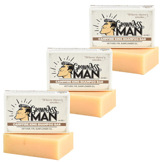 Solid Shampoo Bar Rich Lather 3 in 1: Hair, Beard & Body Wash - Plastic Free & Eco-Friendly, Natural & Organic Clean for All Hair Types, 4oz Bar (Campfire King, 3-Pack)