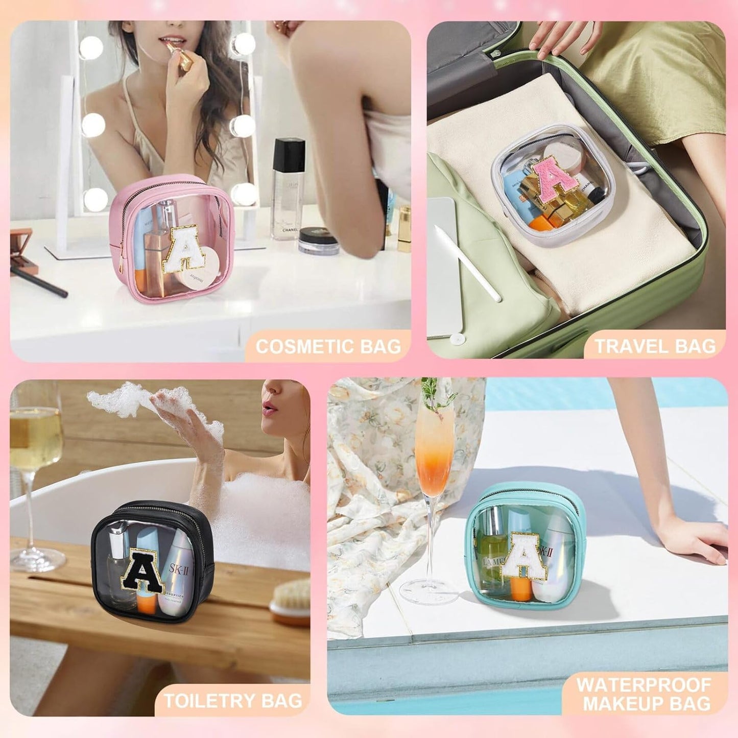 YOOLIFE Initial Make Up Bag Travel Toiletry Bag, Clear Makeup Bag Preppy Cosmetic Bags Organizer Travel Essentials Gifts for Women Teen Girlfriend Teacher Mom Birthday Mothers Day Gifts White I