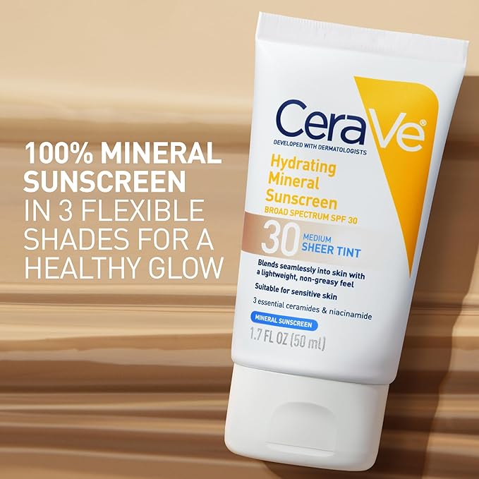 CeraVe Hydrating Mineral Sunscreen SPF 30 with Sheer Tint,Tinted Mineral Sunscreen with Zinc Oxide & Titanium Dioxide,Blends Seamlessly For Healthy Glow,Deep,1.7 Oz,(Pack of 2)