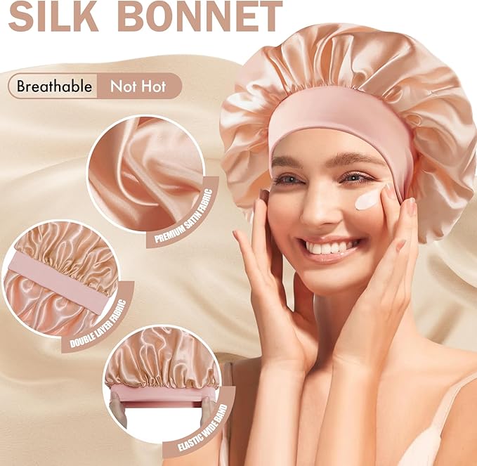 Satin Silk Bonnet for Sleeping, Double Layer Silk Sleep Cap for Men & Women, Soft Satin Lined Bonnet for Curly Hair