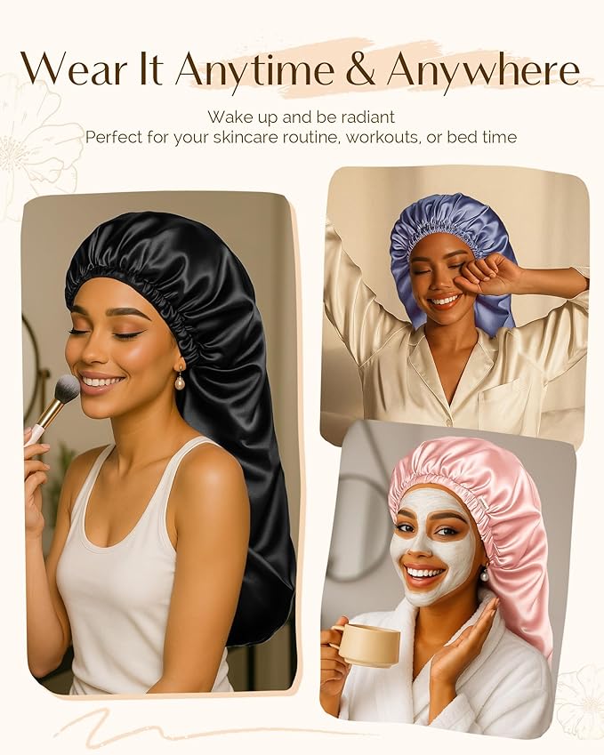 YANIBEST Satin Sleep Bonnet for Natural Hair - Extra Double Layer Long Adjustable Silk Hair Bonnet for Braids, Locs, Curls - Women’s Night Hair Protection Cap