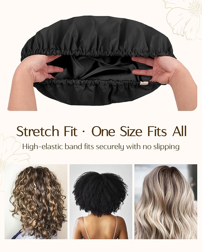 Yanibest Satin Lined Shower Cap for Women Reusable Waterproof, Large Bath Cap with Soft Elastic Band, Luxury Hair Protection Caps (Black)