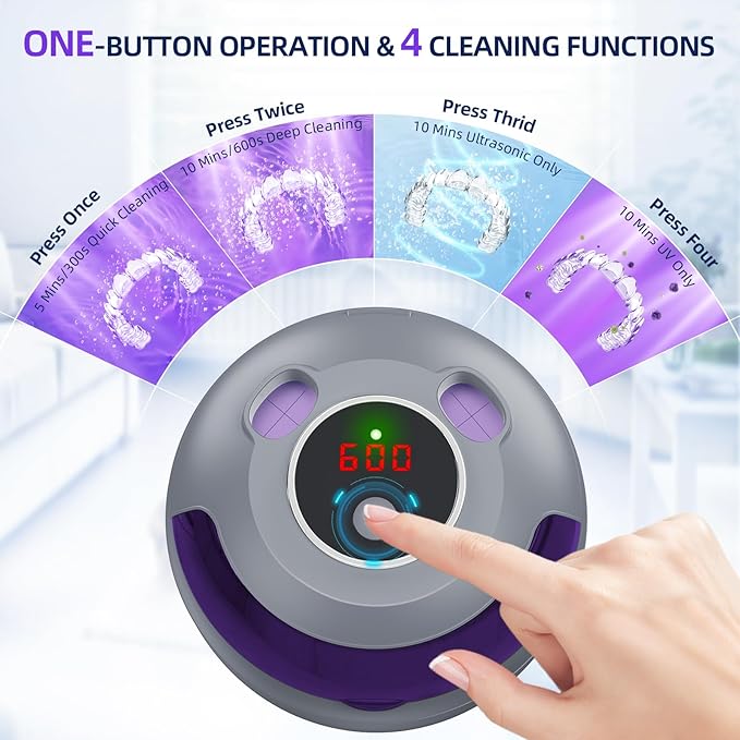 Ultrasonic Retainer Cleaner Machine, 45kHz Ultrasonic Denture Cleaner with 200ML Capacity & 4 Modes for Dental Cleaning Pod, Aligners, Mouthguards, Retainers, Jewelry, Grey