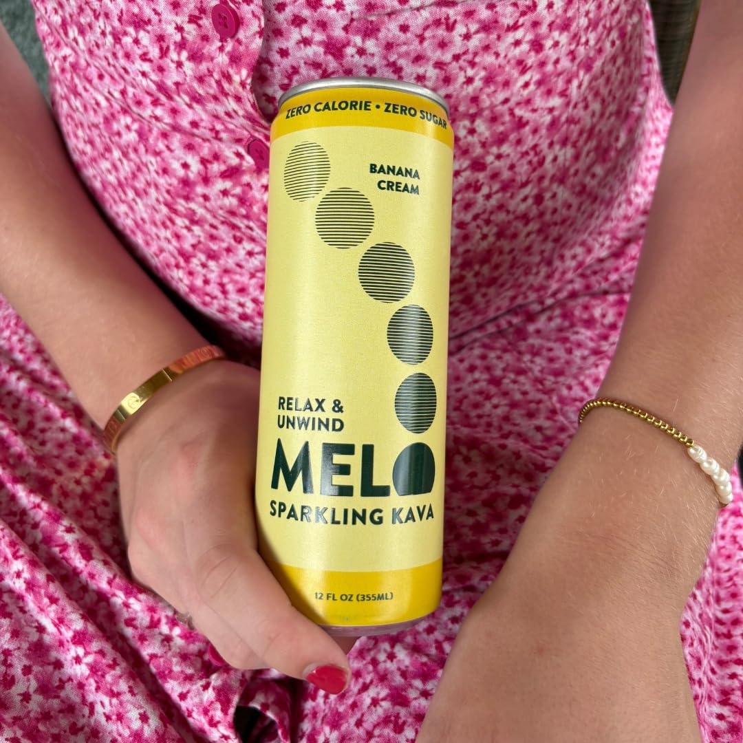 Melo Sparkling Kava Drink, Banana Cream, Sugar Free Non Alcoholic Drinks with Zero Calories, Gluten Free, Vegan, 100% Natural Mocktail with 750mg Kava Root per Drink, 12 Pack, 12 oz Cans