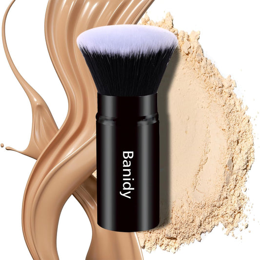 Makeup Brush Kabuki Face Brushes Retractable Travel Blush Brush Portable Flawless for Foundation, Powder Blush, Bronzer, Buffing, Liquid, Cream, Cruelty Free with Cover(Flat-Head)