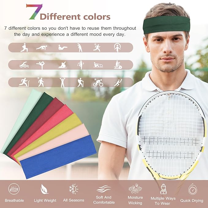 Headbands for Women, Stretchy Non Slip Soft Cotton Cloth Hair Bands for Sports, Workout, Yoga and Running, 7pcs