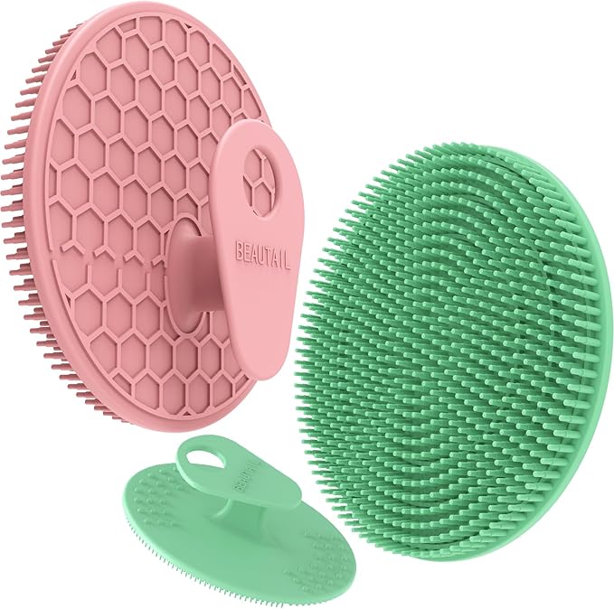 Silicone Body and Face Scrubber Set 3 Pack, BEAUTAIL Shower Bath Scrubber, Gentle Exfoliating Brush for Women Men Baby Sensitive Skin, More Hygienic Than Traditional Loofah, Long Lasting, Pink+Green
